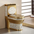 InArt oval western toilet one piece, glossy white ceramic floor mounted commode shown in side angle