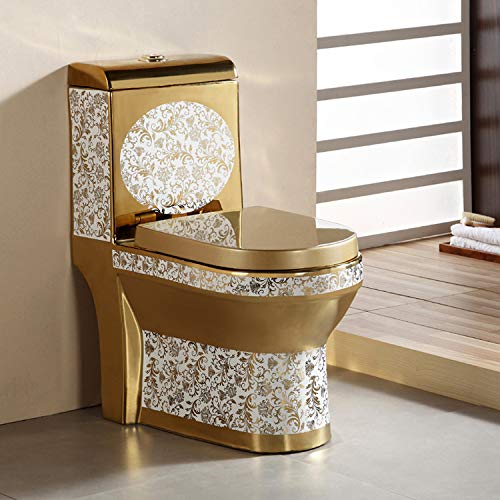 InArt oval western toilet one piece, glossy white ceramic floor mounted commode shown in side angle