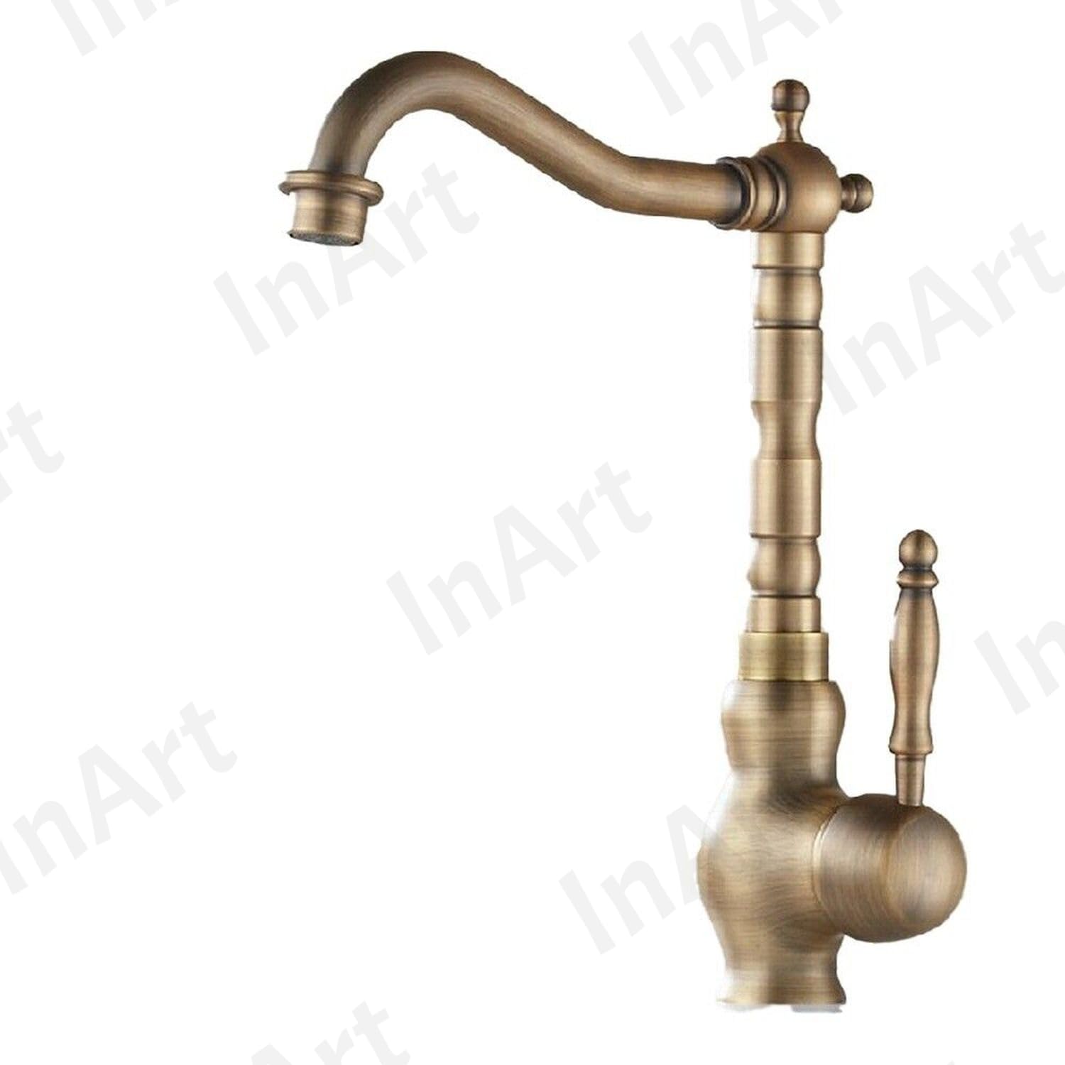 InArt single lever mixer tap for kitchen sink, antique brass brass kitchen sink mixer tap side angle view