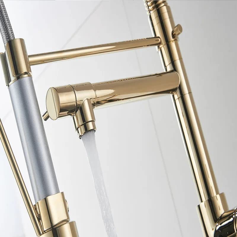 InArt pull out kitchen sink tap showing multi-function spray head and retractable hose in golden finish