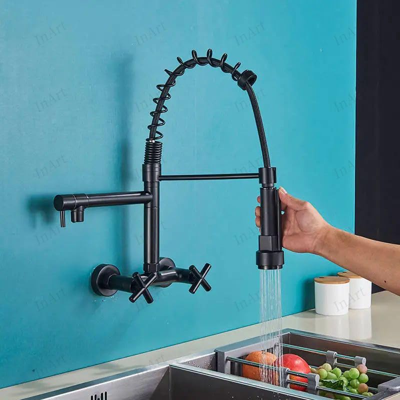 Pull down kitchen faucets in matte black brass, close-up of spray head button controls and swivel spout