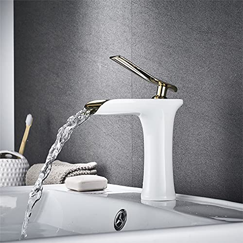 InArt wash basin mixer taps in brass with waterfall spout, white gold finish, single lever basin mixer tap