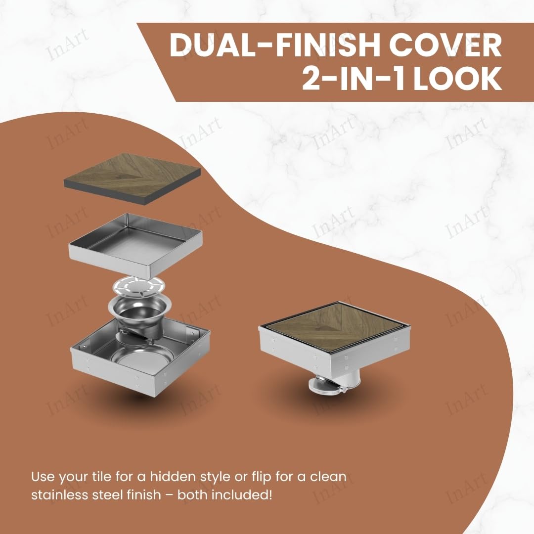 Square tile insert floor drain jali 5x5 inch, brushed silver 304 stainless steel, angled view for bathroom