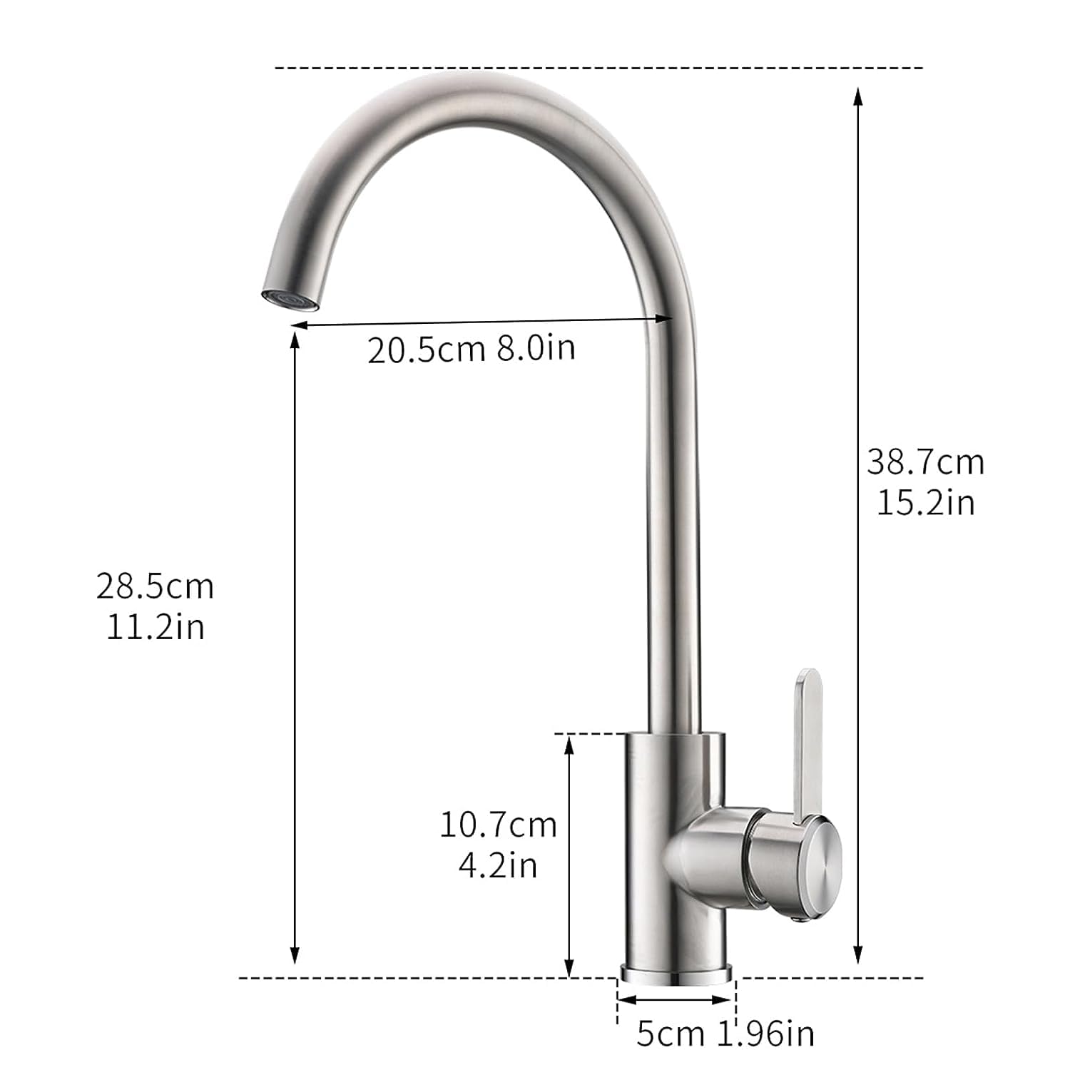 Steel tap for kitchen, swan neck sink tap in brushed chrome, angled view with hot and cold mixer handle