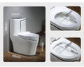 Ceramic floor mounted western toilet, one piece commode angled view with rimless oval bowl in black and white