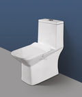 Premium ceramic floor mounted western toilet commode in bathroom setting, one piece design with soft close seat