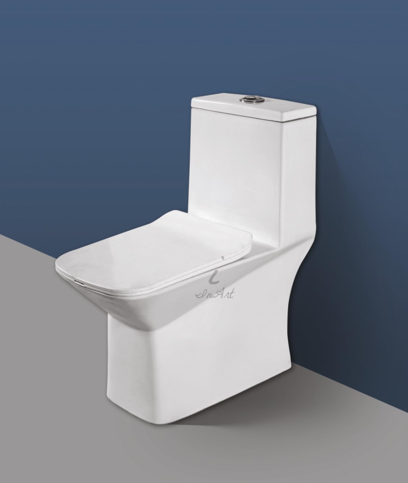 Premium ceramic floor mounted western toilet commode in bathroom setting, one piece design with soft close seat
