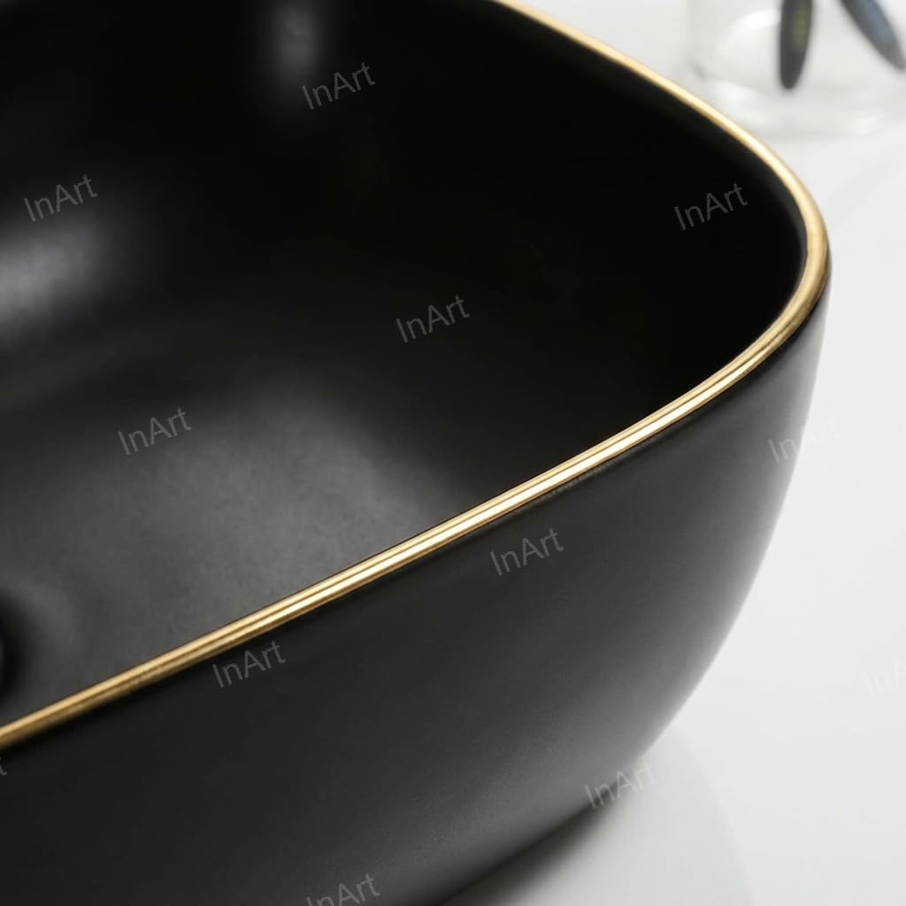 InArt wash basin design table top in matte black, smooth rim and deep bowl close-up detail