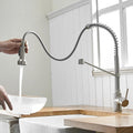 Kitchen taps pull out design in brushed chrome, angled view of arc spout sink mixer with dual flow spray