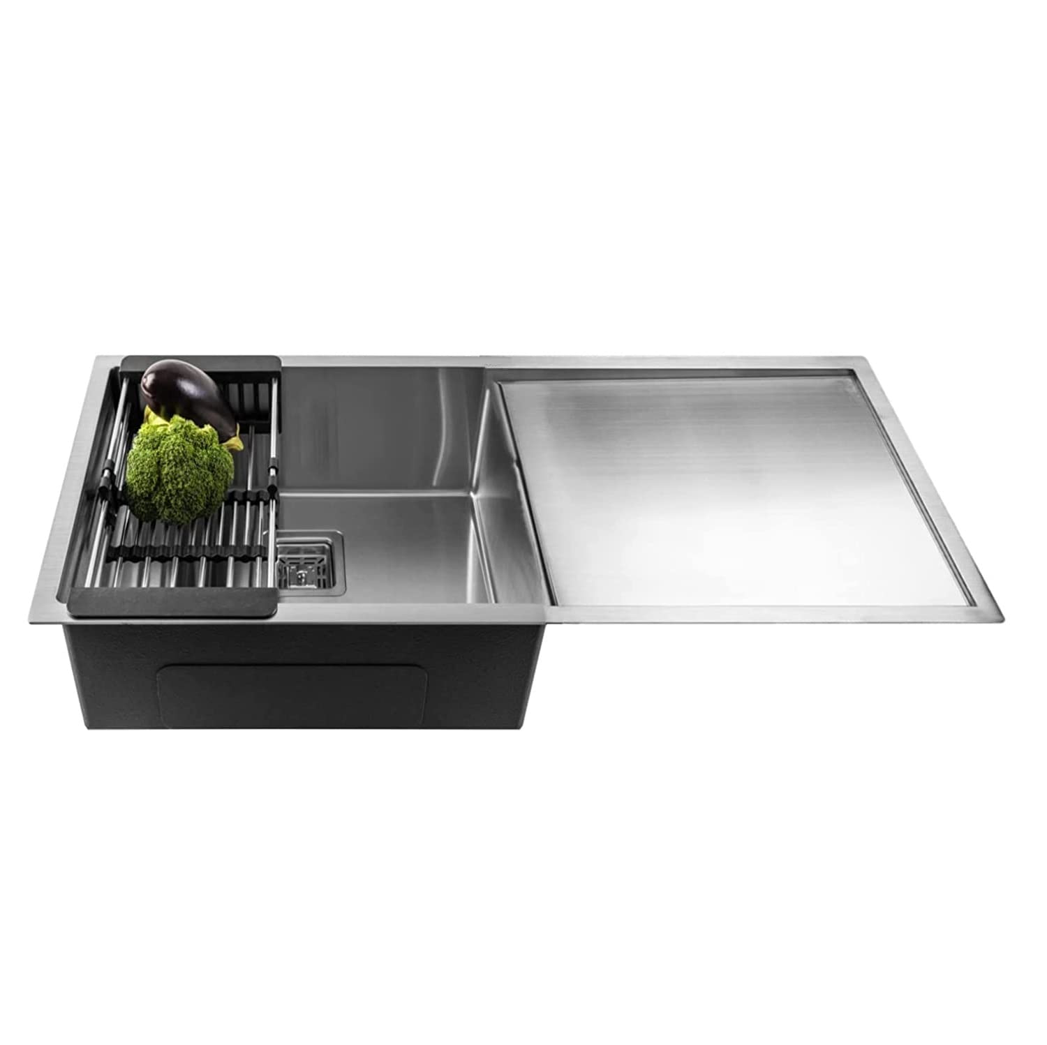 InArt satin finish SS kitchen sink, SS 304 rectangular single bowl with drain board, matt satin diamond cut