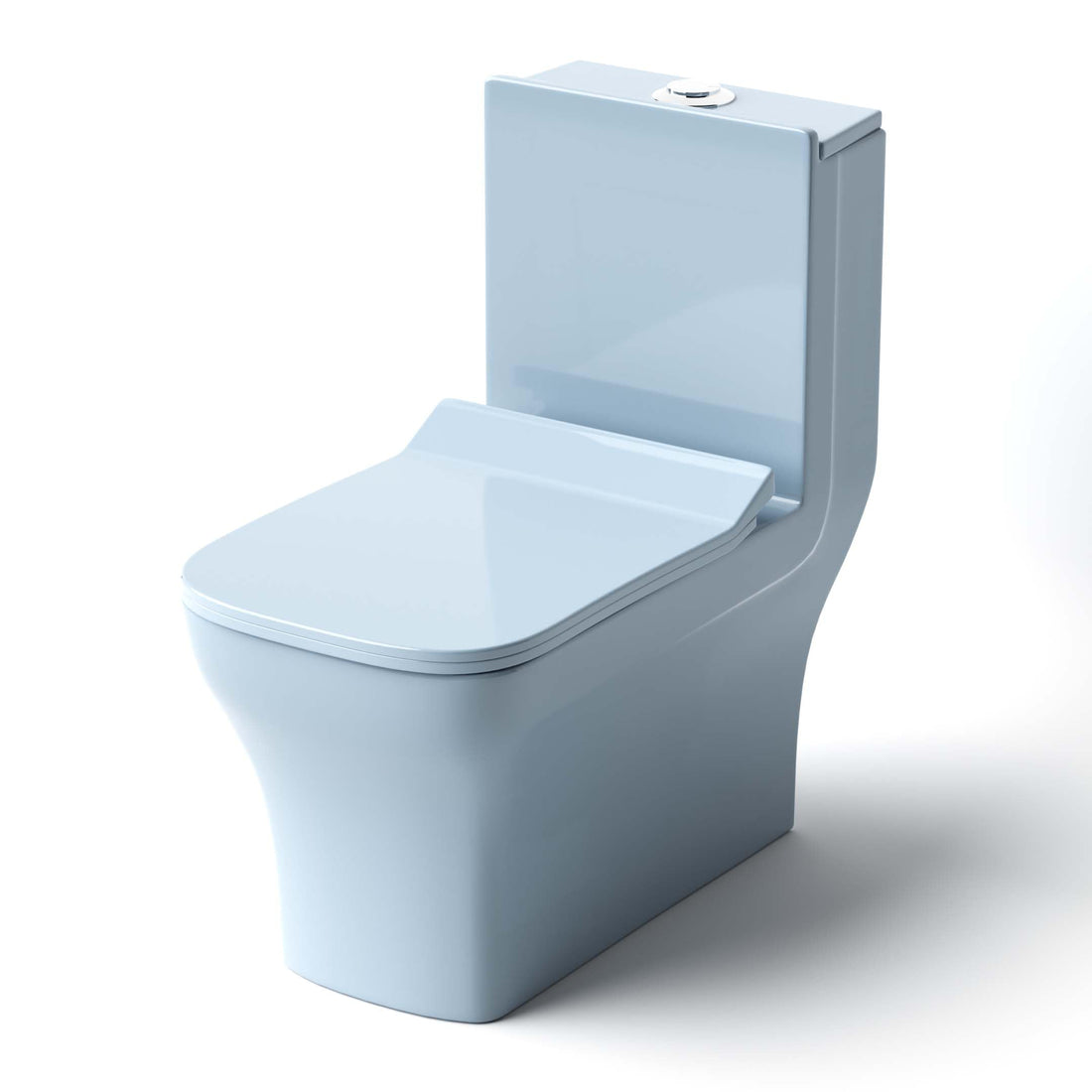 InArt ceramic one piece toilet in light blue, elongated floor mounted western commode with soft close seat