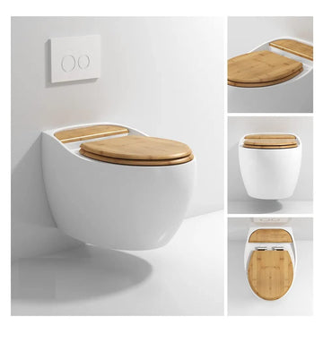 Hindware wall mounted commode style InArt ceramic oval wall hung WC in glossy white with wooden seat, front view