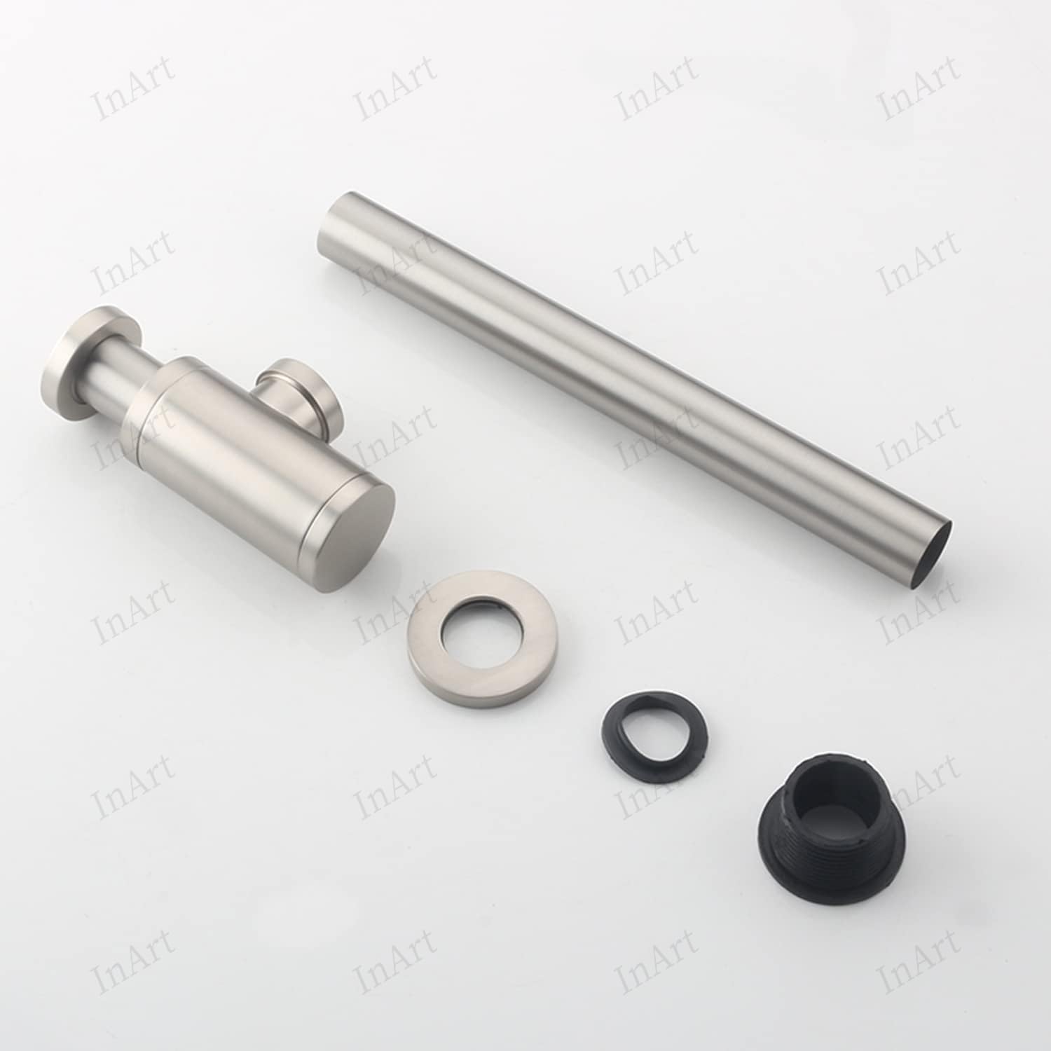 Bottle trap for table top basin, brushed chrome brass drain trap with wall flange front view