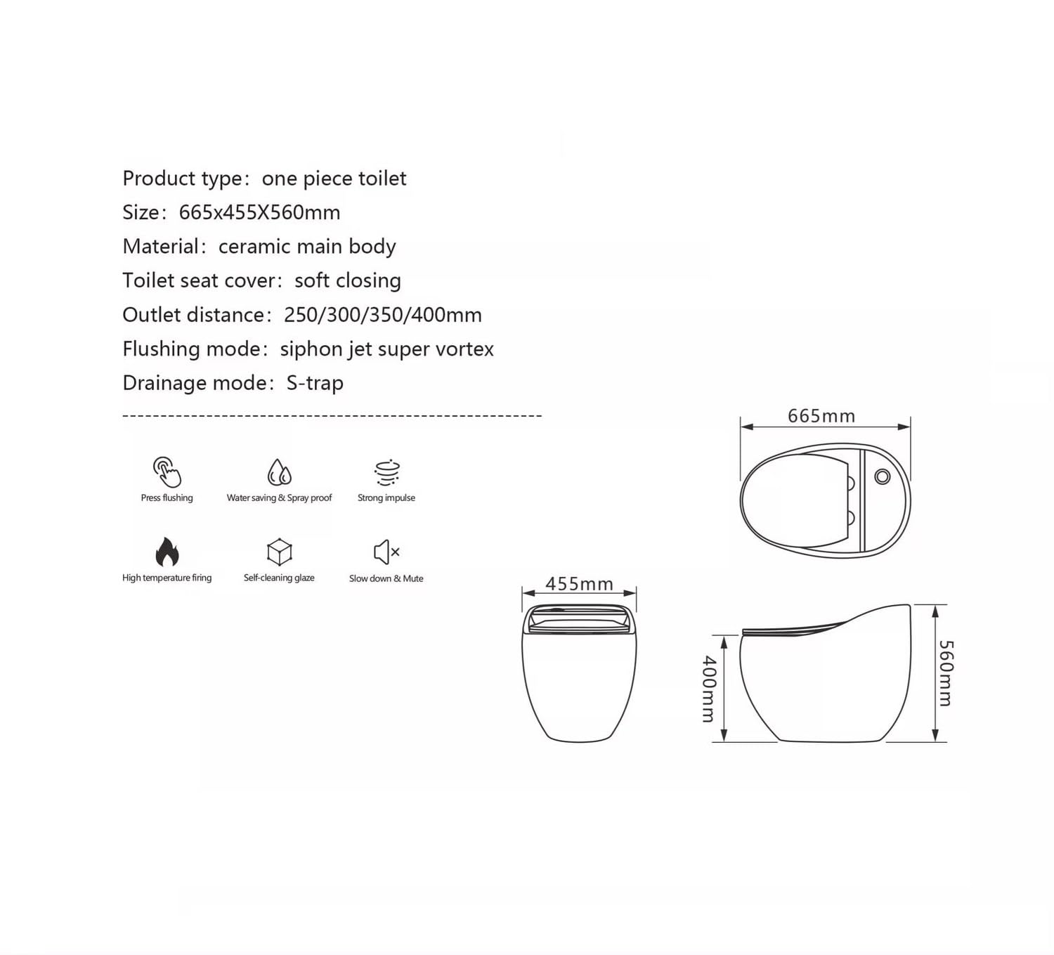 InArt commode single piece installed in modern bathroom, oval one piece western toilet in white and blue