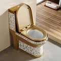 Close-up of soft close seat on InArt one-piece western toilet, glossy white ceramic sanitaryware for bathroom