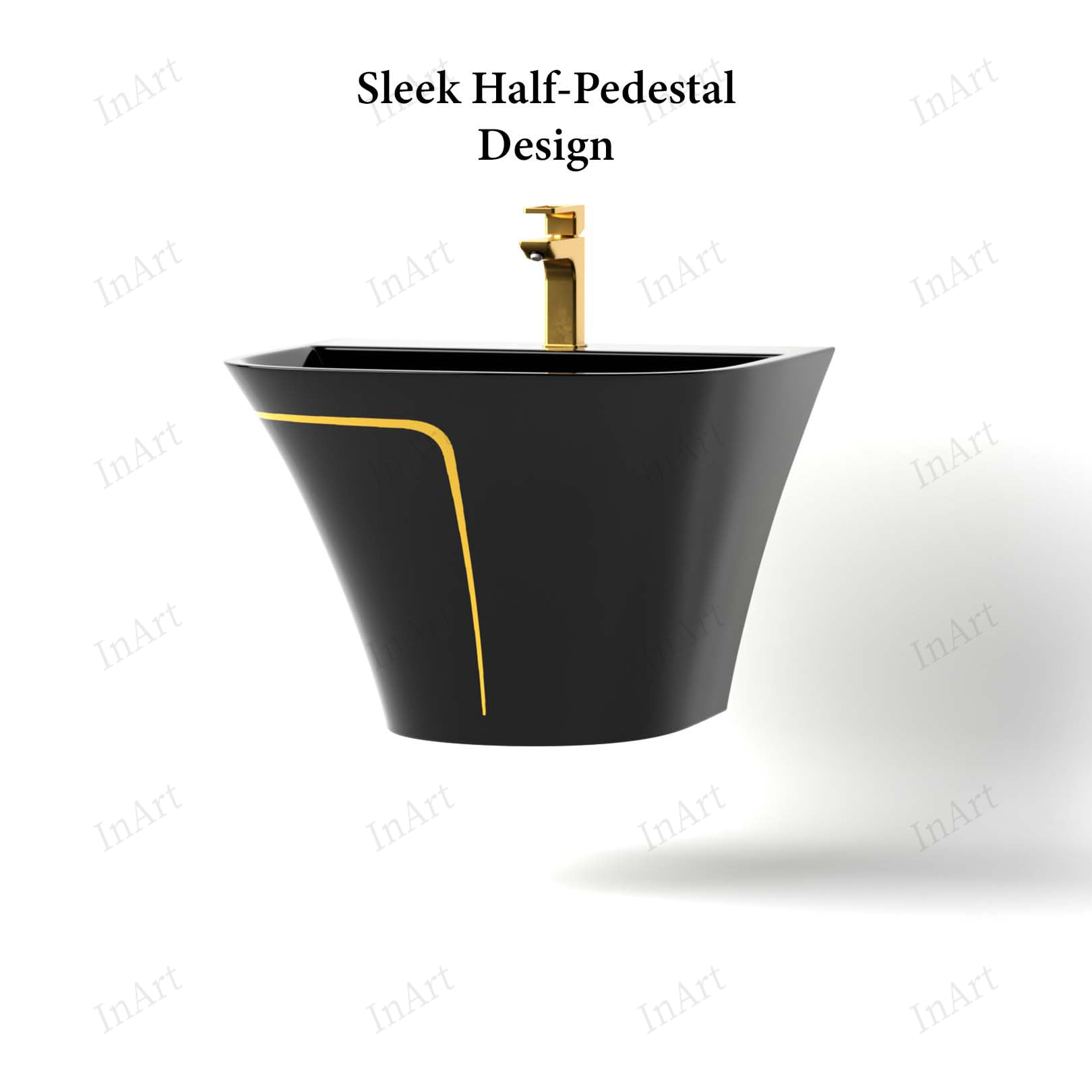 Top view of black ceramic wash basin showing slim rim and tap hole, wall hung half pedestal model