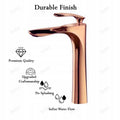 Wash basin pillar tap in rose gold, 3/4 angle view of modern long body tap for table top basin