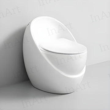 InArt cera single piece commode in glossy white ceramic, egg shape one-piece toilet front view