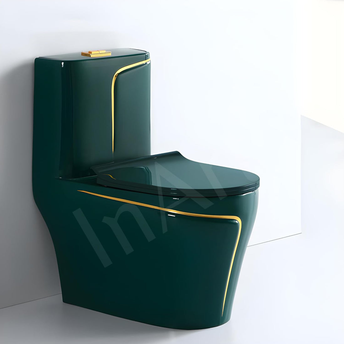 InArt ceramic floor mounted western toilet, elongated one-piece EWC with green dual flush tank, front view