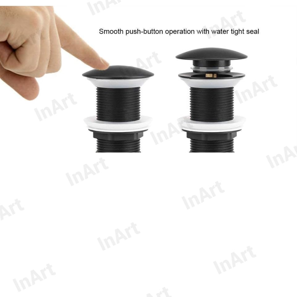 Black pop up waste coupling for wash basin, side angle showing 5 inch full threaded brass basin drainer