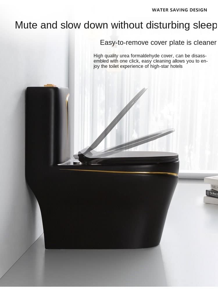 Modern ceramic floor mounted western toilet, oval rimless bowl and sleek tank design in gold black