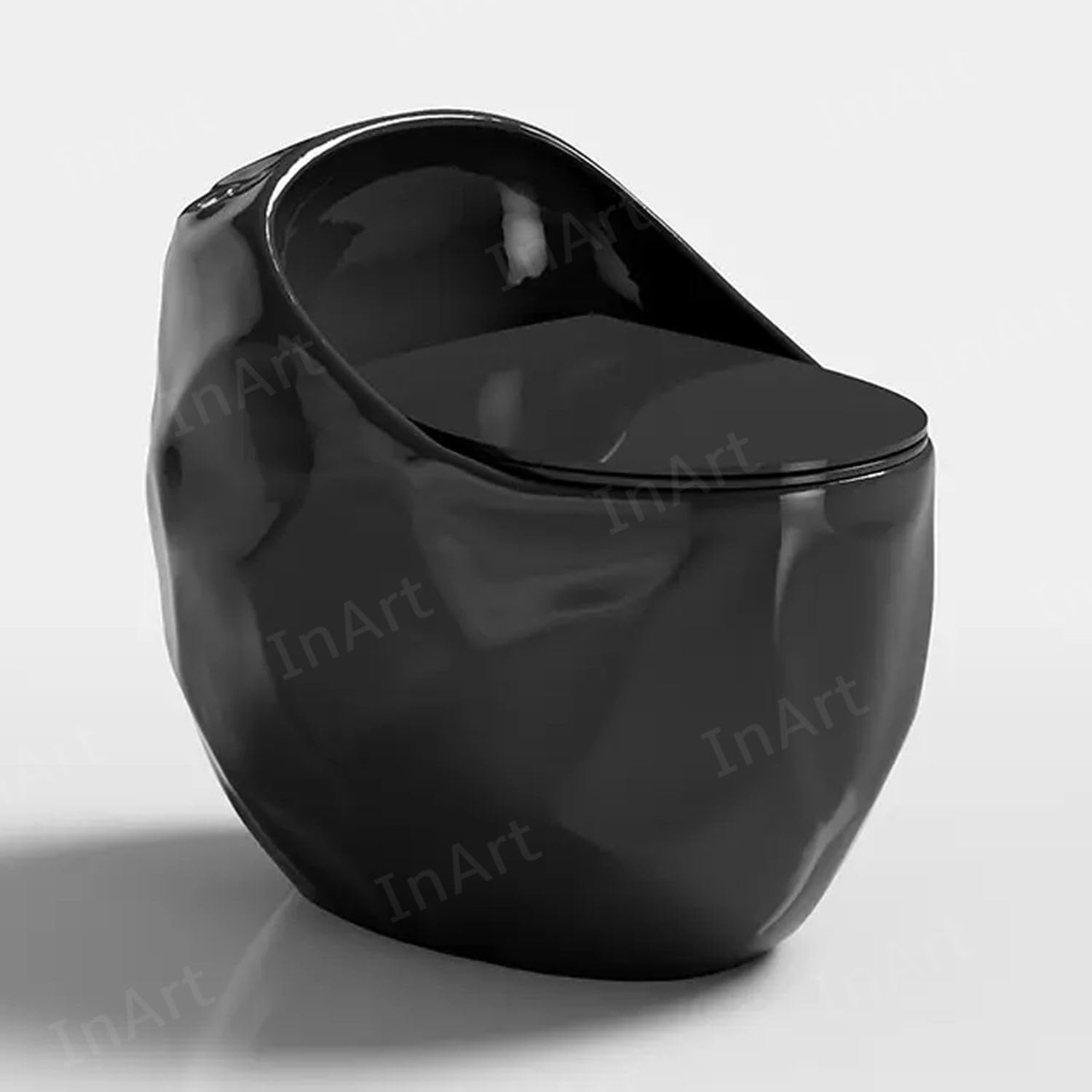 Oval western toilet commode in glossy black ceramic, styled in a modern Indian bathroom interior with floor mount