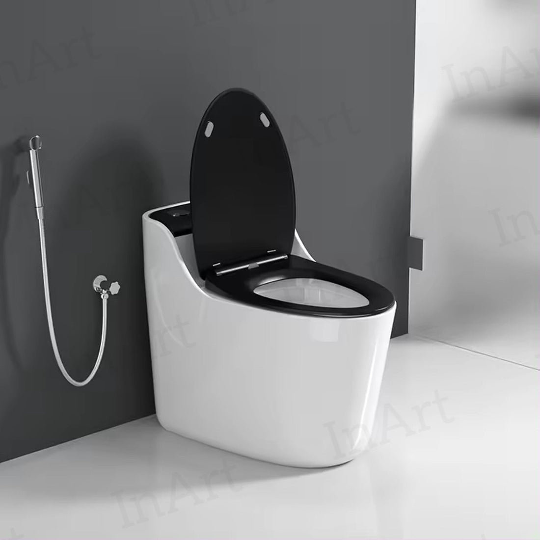 cera single piece commode by InArt, glossy black ceramic oval rimless one-piece western toilet with soft close seat