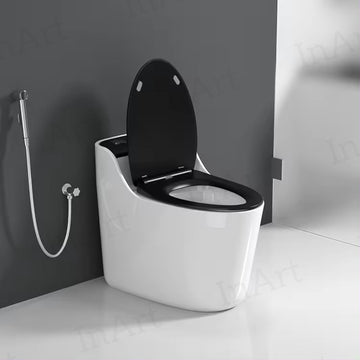 cera single piece commode by InArt, glossy black ceramic oval rimless one-piece western toilet with soft close seat