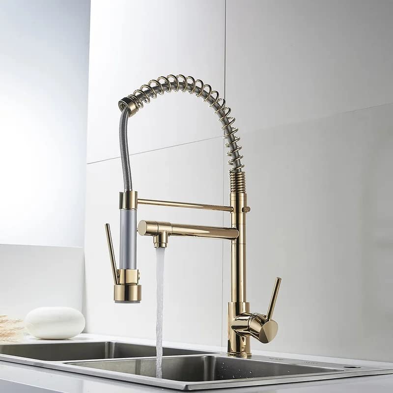 InArt kitchen sink pull out faucet in brass high arc gooseneck design with golden finish, front view