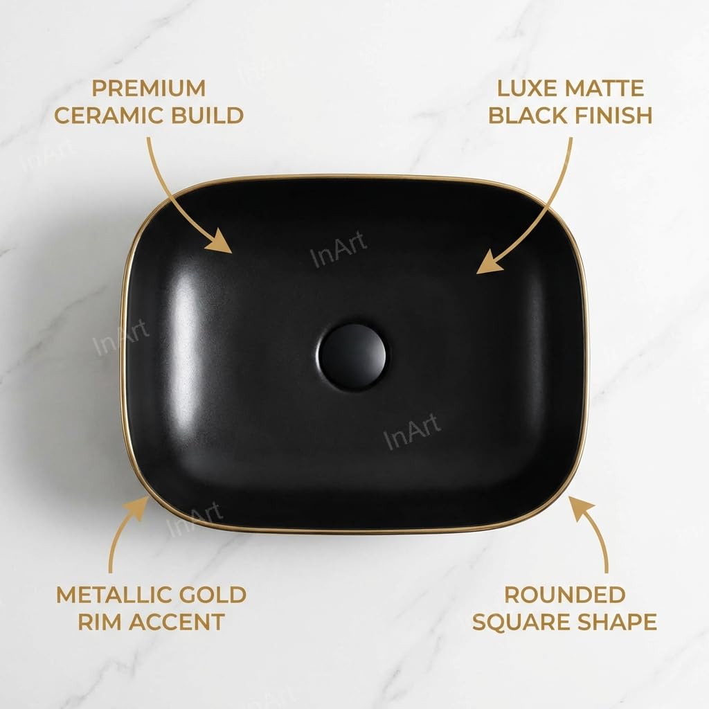 InArt ceramic table top wash basin design, matte black rectangular counter basin, front view