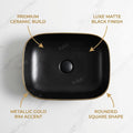 Designer table top basin design in matte black ceramic, rectangular wash basin angled view