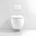 Modern bathroom interior with wall hung western toilet in glossy white ceramic, space-saving wall mounted WC