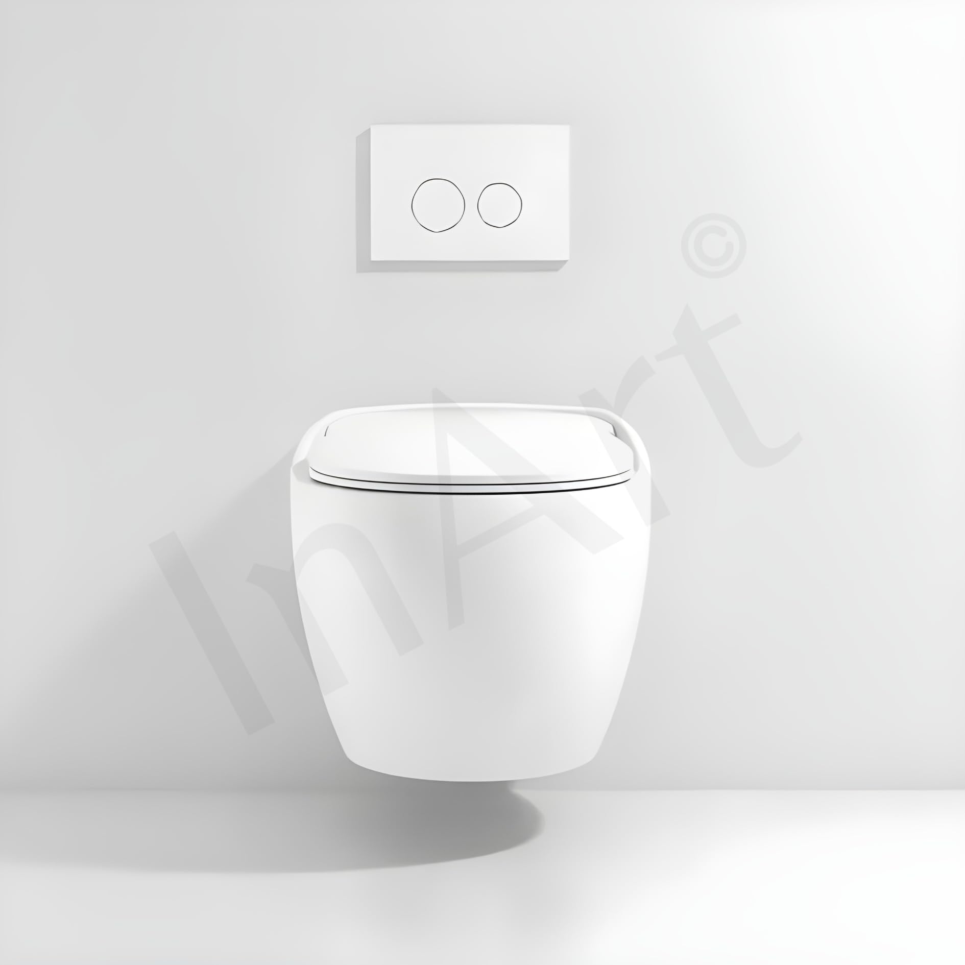 Modern bathroom interior with wall hung western toilet in glossy white ceramic, space-saving wall mounted WC