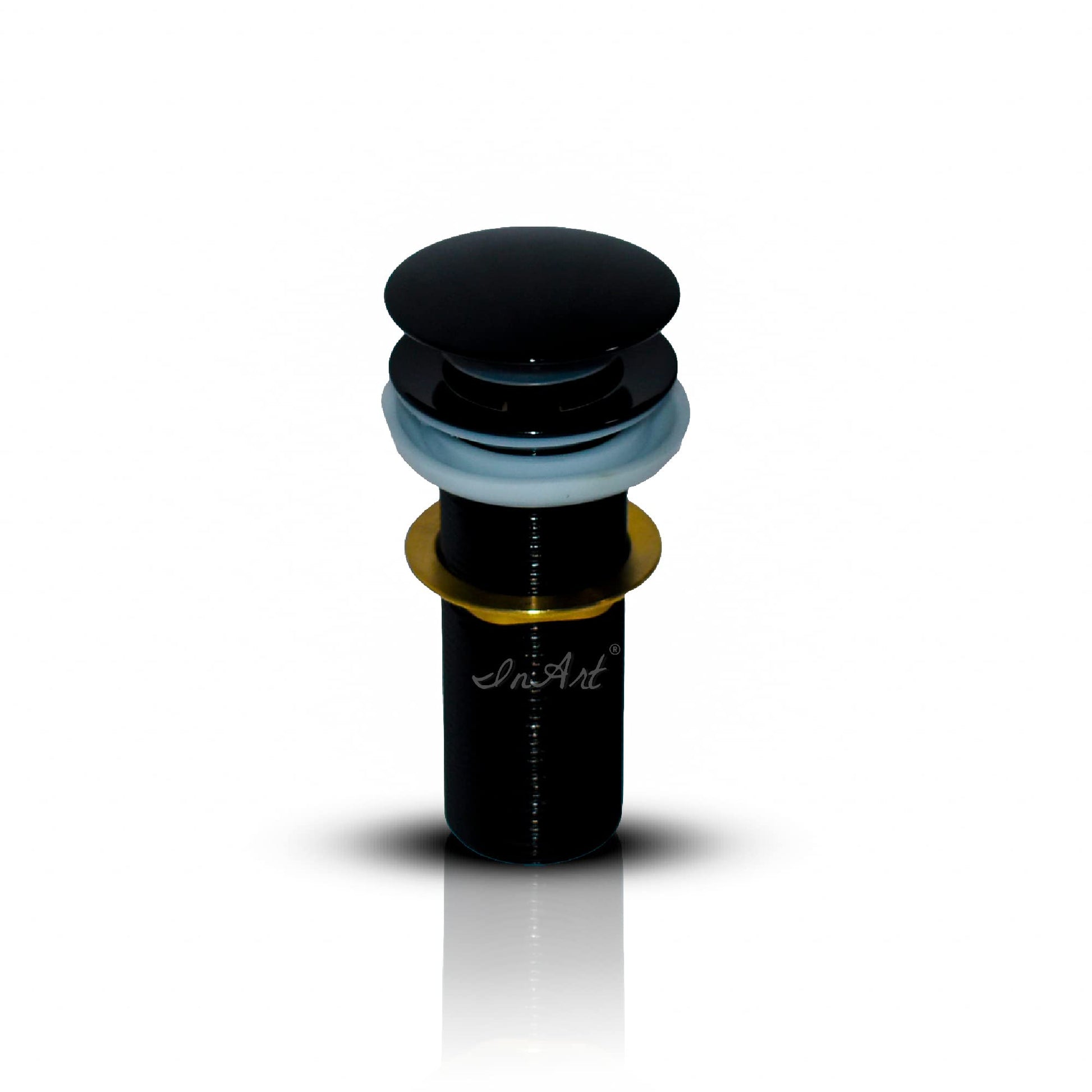 InArt black pop up basin waste coupling, glossy brass 32 mm full threaded, angled view for modern wash basin