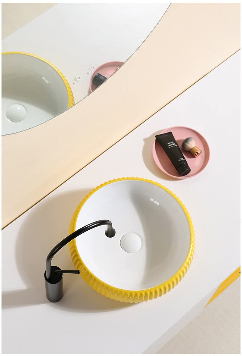 InArt table top basin design with cabinet look, glossy yellow square ceramic wash basin for modern washroom