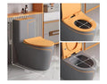 Grey matt rimless single piece WC, western toilet single piece side angle showing floor mounted S-trap base