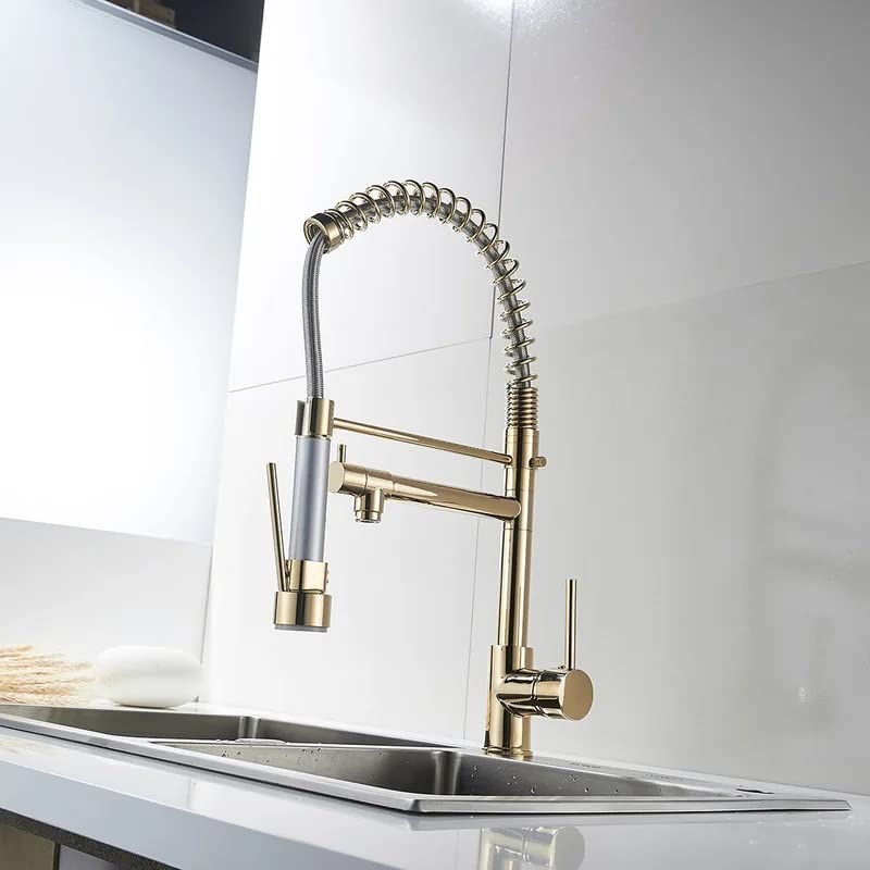 Pull out kitchen spray tap with single lever control and gooseneck spout in gold finish, angled view