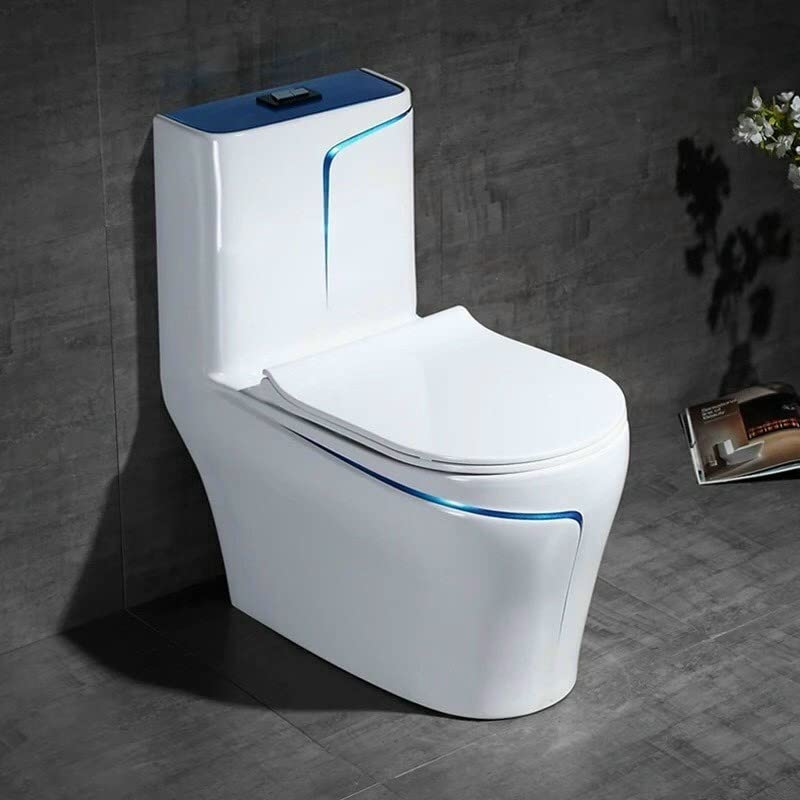 InArt single piece commode in glossy blue white ceramic, rimless one piece western toilet front view