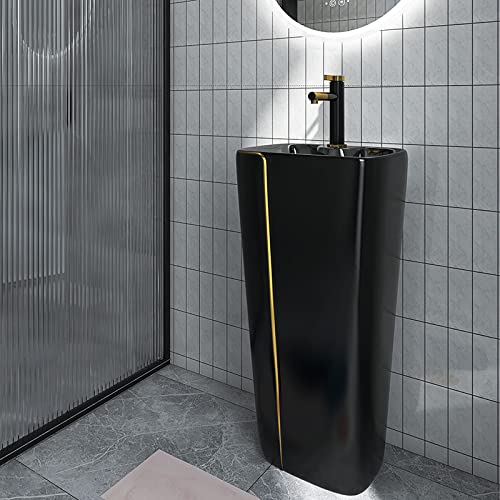 Modern wash basin for living room in matte black ceramic, square free standing pedestal basin rear angle