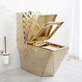 Square one piece western toilet commode in golden finish, front angle view with soft close seat cover