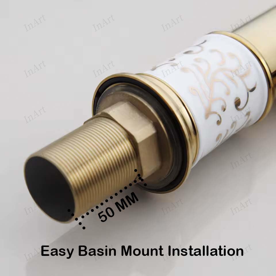 InArt single hole basin mixer in gold finish, ideal for stylish washroom basin with hot and cold mixer