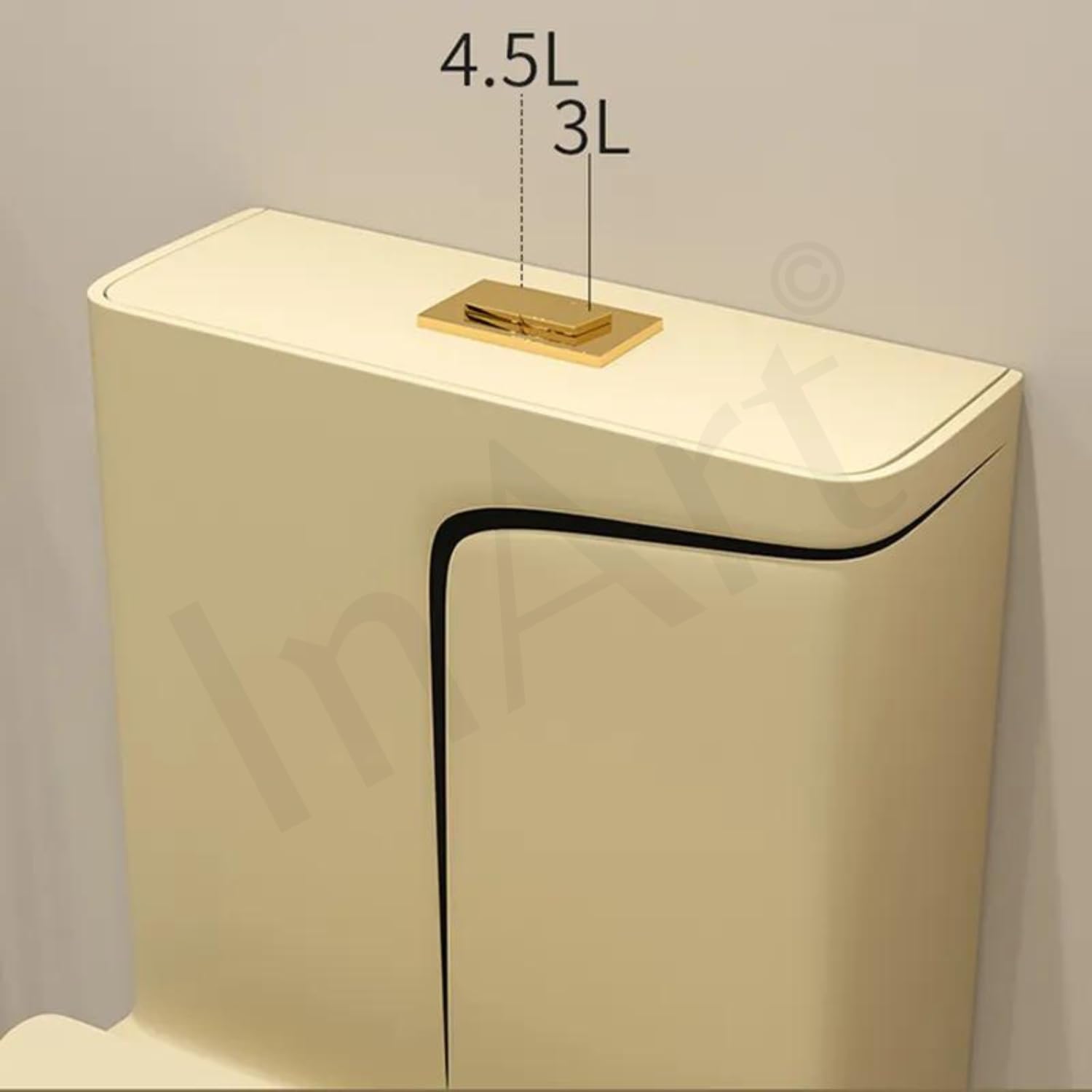 InArt ceramic western toilet commode with soft close hydraulic seat, 3/4 angle view in glossy khakhi finish