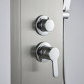 InArt brushed chrome shower panel showing adjustable hot and cold water control knobs, close-up detail
