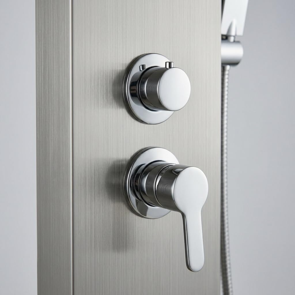 InArt brushed chrome shower panel showing adjustable hot and cold water control knobs, close-up detail