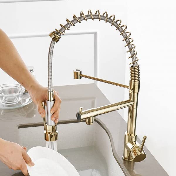 InArt kitchen sink pull out faucet in brass high arc gooseneck design with golden finish, front view