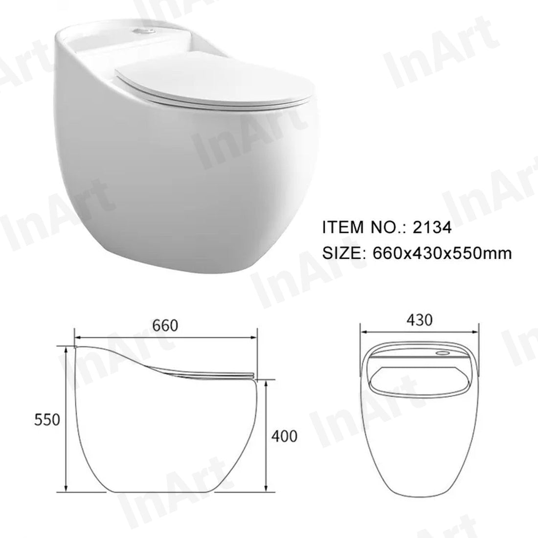 InArt cera single piece commode in glossy white ceramic, elongated one-piece western toilet front view