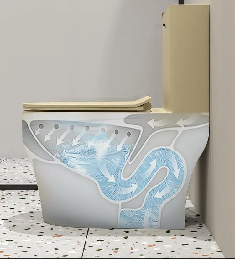 InArt designer western toilet commode in modern bathroom setting, khaki matte one-piece ceramic WC