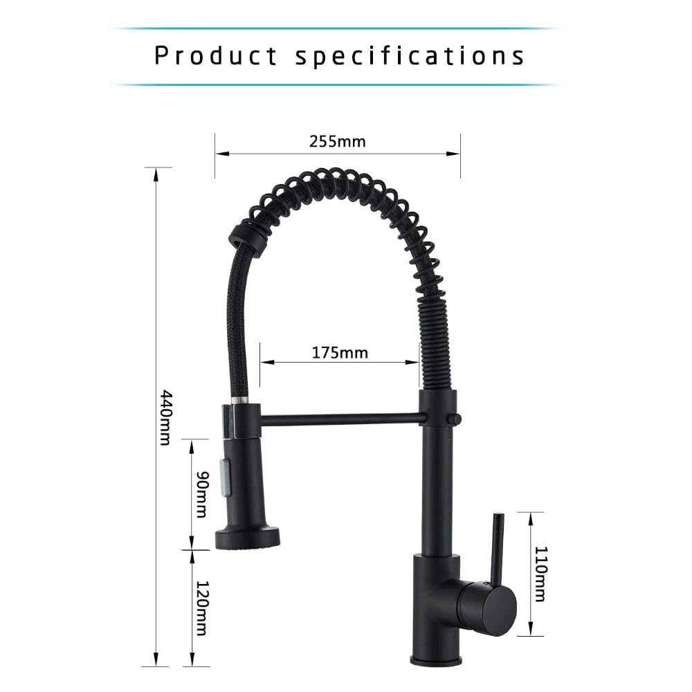 InArt flexible sink tap in matte black brass, single lever kitchen sink mixer with 360° pull-down sprayer