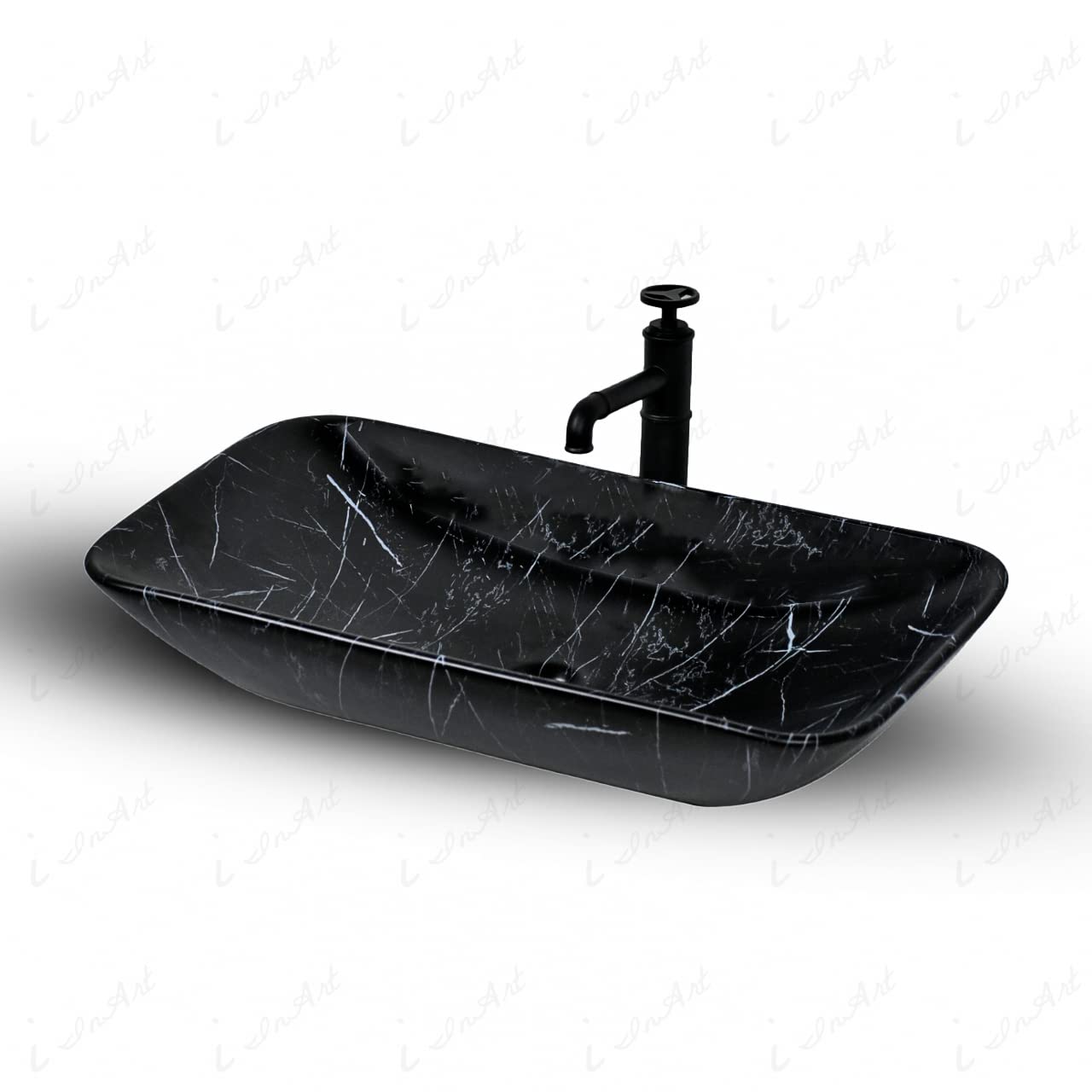 InArt premium sanitaryware over counter wash basin in bathroom interior, black marble rectangular ceramic