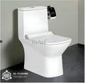 Glossy white elongated one piece western toilet for modern washroom, smooth rim design and easy clean surface